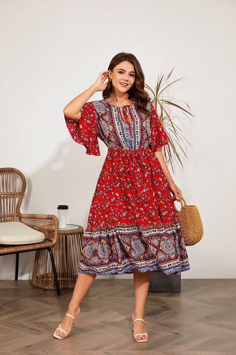Modest Plus Size Summer dress V Neck Midi Beach boho Dress - Velora