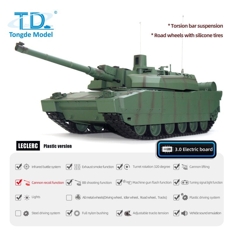 Tongde 1/16 RC Leclerc Tank – BB Shooting, Smoke, Recoil, 320° Turret - Velora Luxury Fashion