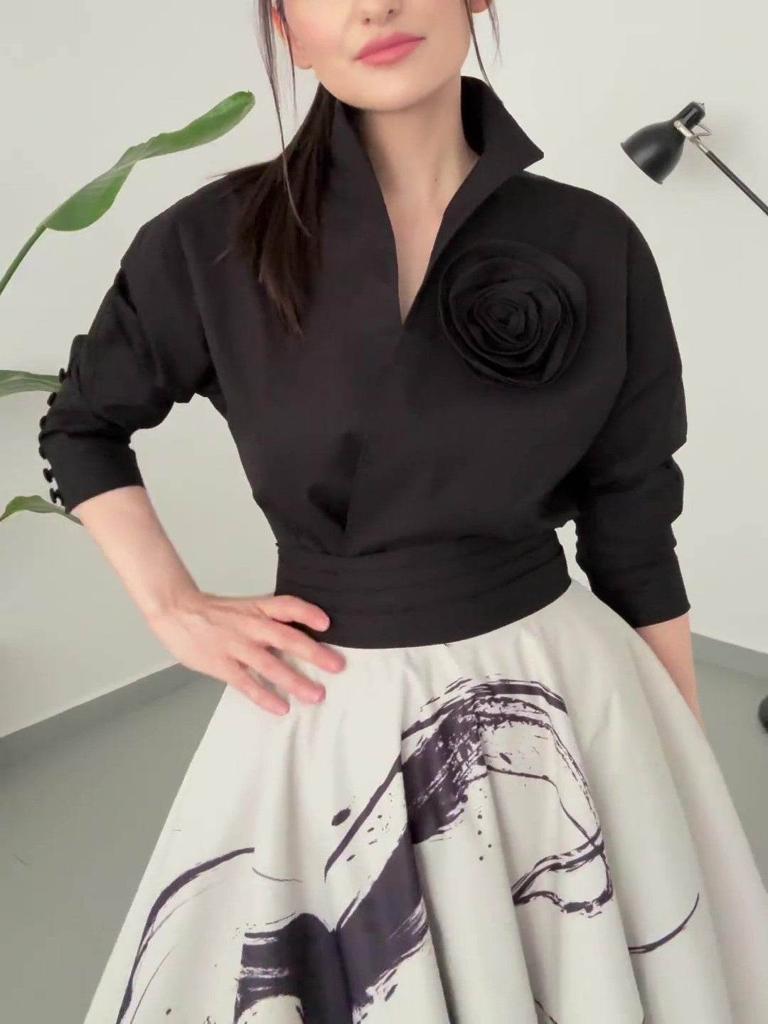 Black Floral Long Sleeve Tie Shirt - Velora