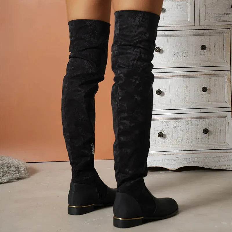 Fashion Over-the-knee Boots For Women Suede Stitching Low-heeled Long Boots With Side Zipper Design Party Shoes Winter - Velora