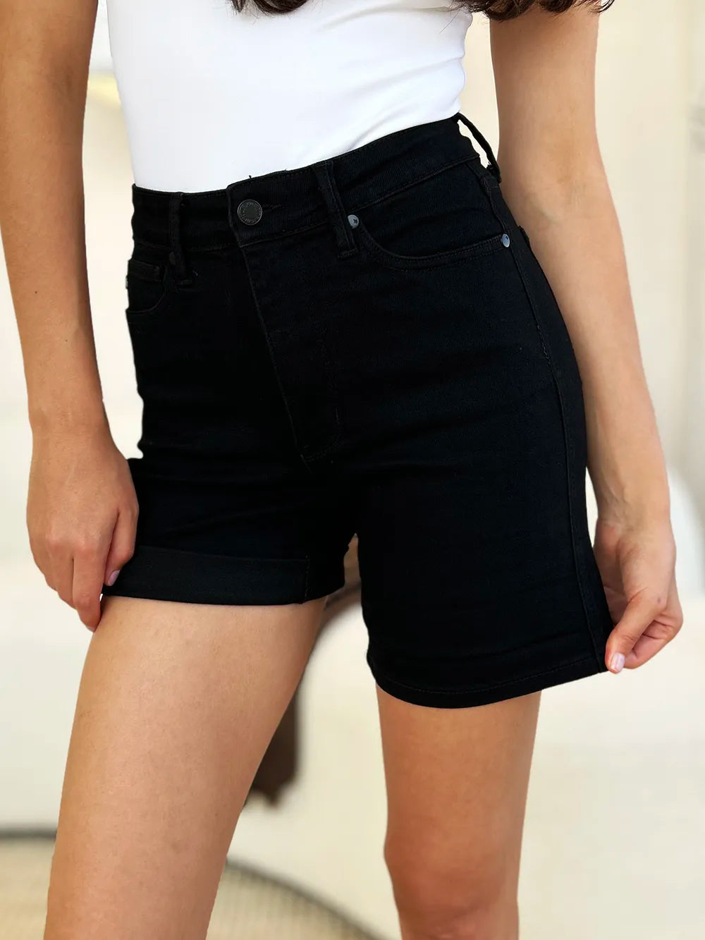 Judy Blue Full Size High Waist Tummy Control Cuffed Denim Shorts - Velora