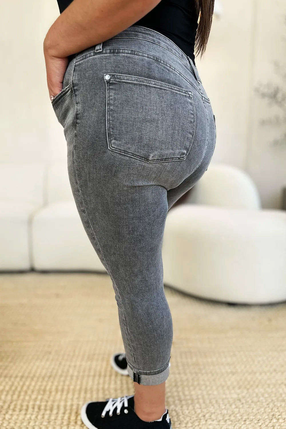 Judy Blue Full Size Button Fly High Waist Cuffed Capris - Velora