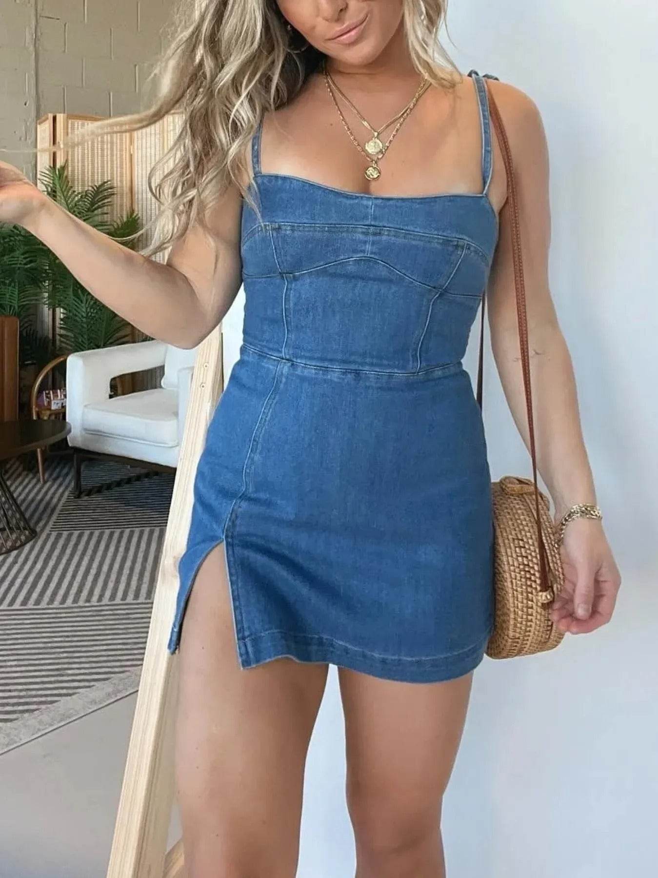 Fashion Slim Fit Slit Sling Denim Mini sleeveless Dress Women - Velora
