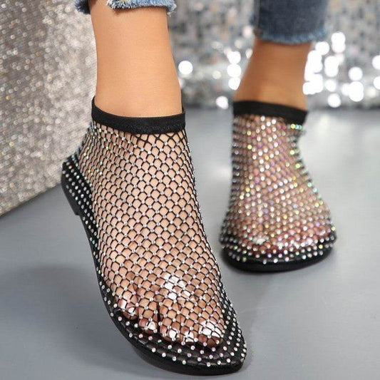 New Hollow Flat Sandals With Rhinestone Design Summer Fashion Round Toe Shoes For Women - Velora