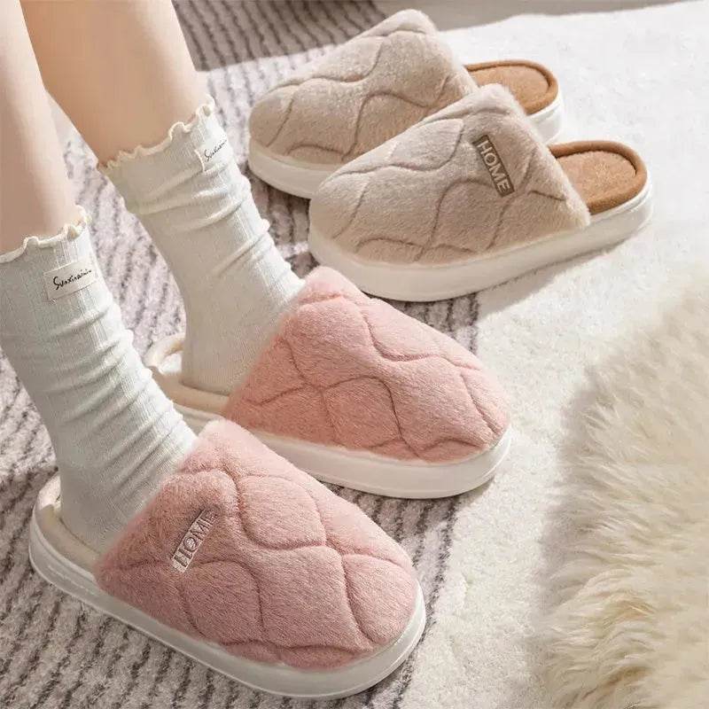 Plush Slippers Winter For Women Indoor Floor Bedroom Home Slipper Warm Solid House Shoes Men Couple - Velora