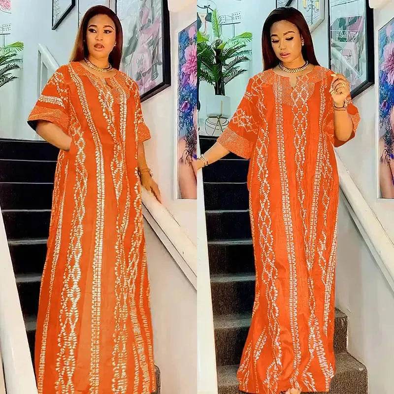 Middle East Striped Loose Robe African Dubai Arabic Satin Hot Drilling Stitching Abaya Buba Dress - Velora