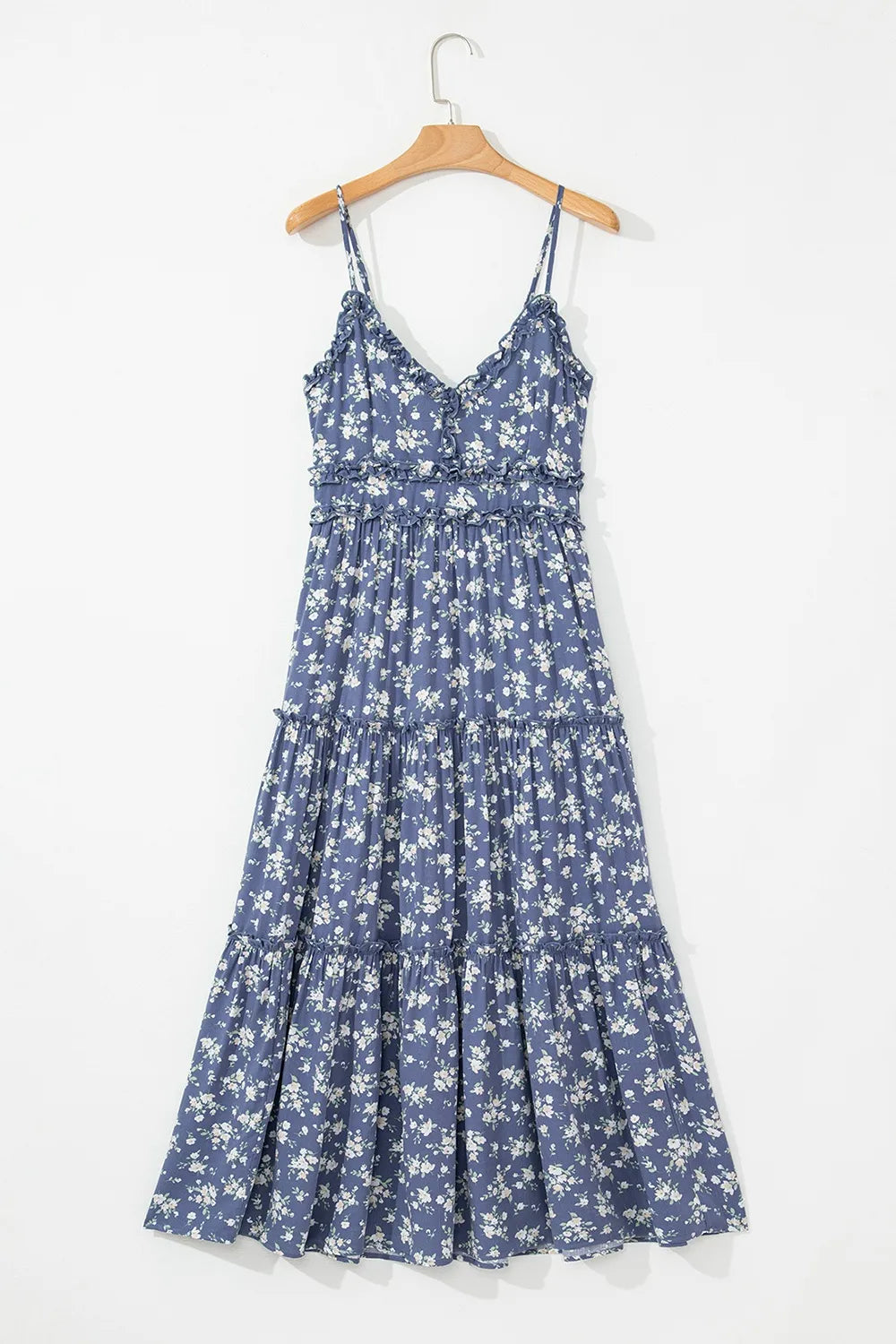 Floral Spaghetti Strap Frilled V Neck Tiered Midi Dress - Velora