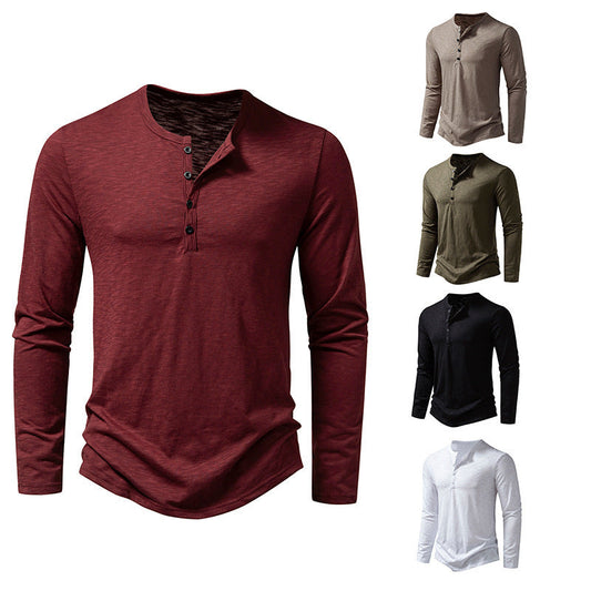 Men's Long-sleeved T-shirt Fashion Casual Solid Color Pullover Button Top Autumn And Spring Clothing Velora