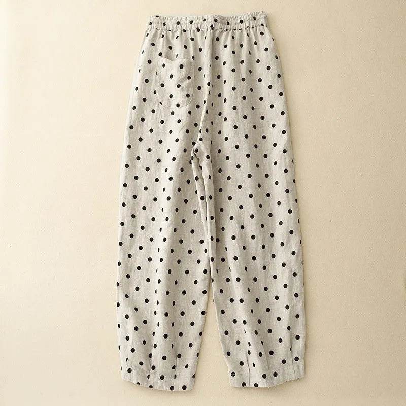 Cotton Hemp Polka Dots Tied Elastic Waist Harem wide leg trouser Pants For Women - Velora