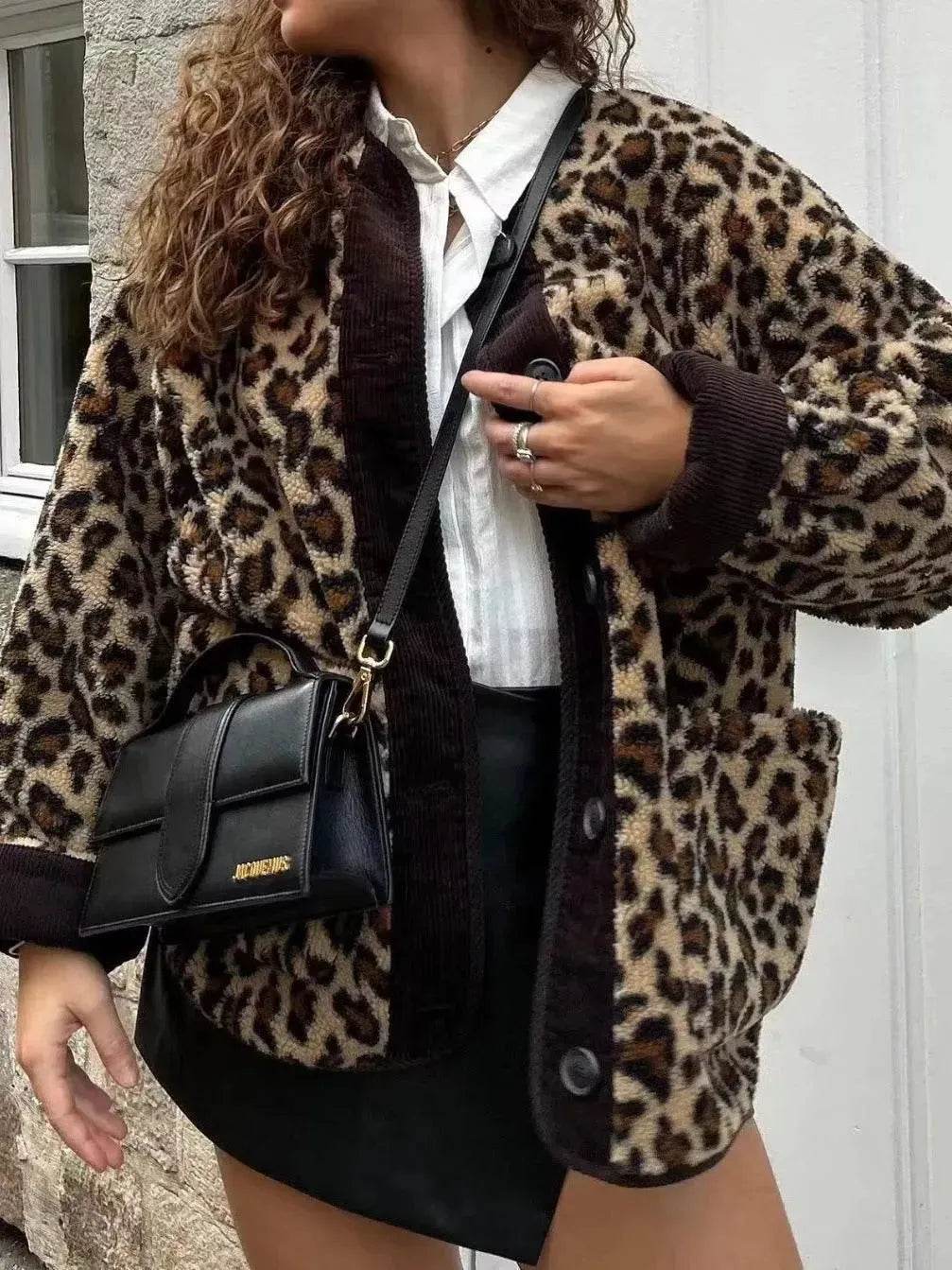 Casual Fall winter Leopard Button fleece Plush Cardigan jacket for women - Velora
