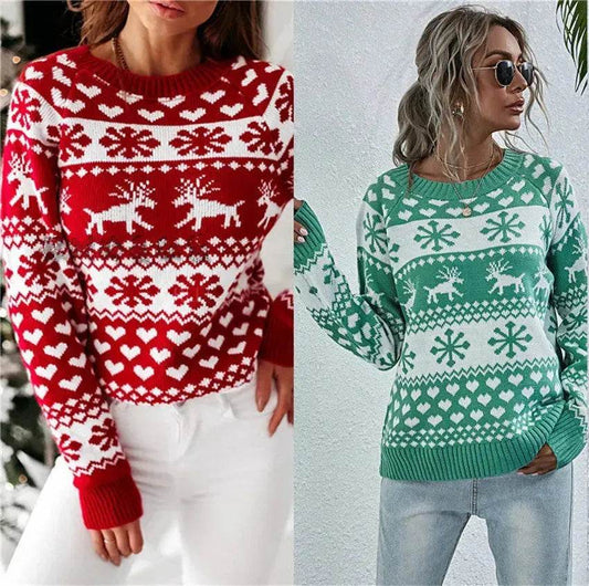 Elk Autumn And Winter New Knitted Round Neck Women's Christmas Snowflake Pullover Women's Sweater - Velora