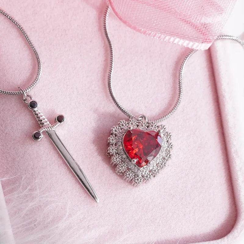 Gothic Punk One Arrow Through The Heart Creative Two Color Couple Necklace Red Rhinestone Heart Dagger Necklace Good Friend Gift Fashion Jewelry - Velora