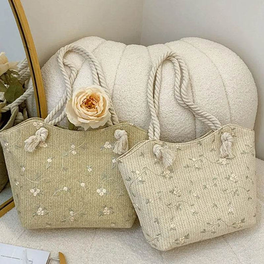 New And Simple Straw Bag Lace Bag Ins Straw Shoulder Bag Large Capacity Flower Fashion Women Handbag - Velora