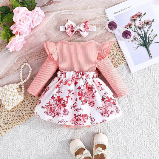 Latest Popular Sweet Long Sleeve pink Romper White Floral Suspender Skirt two piece for baby girls - Velora