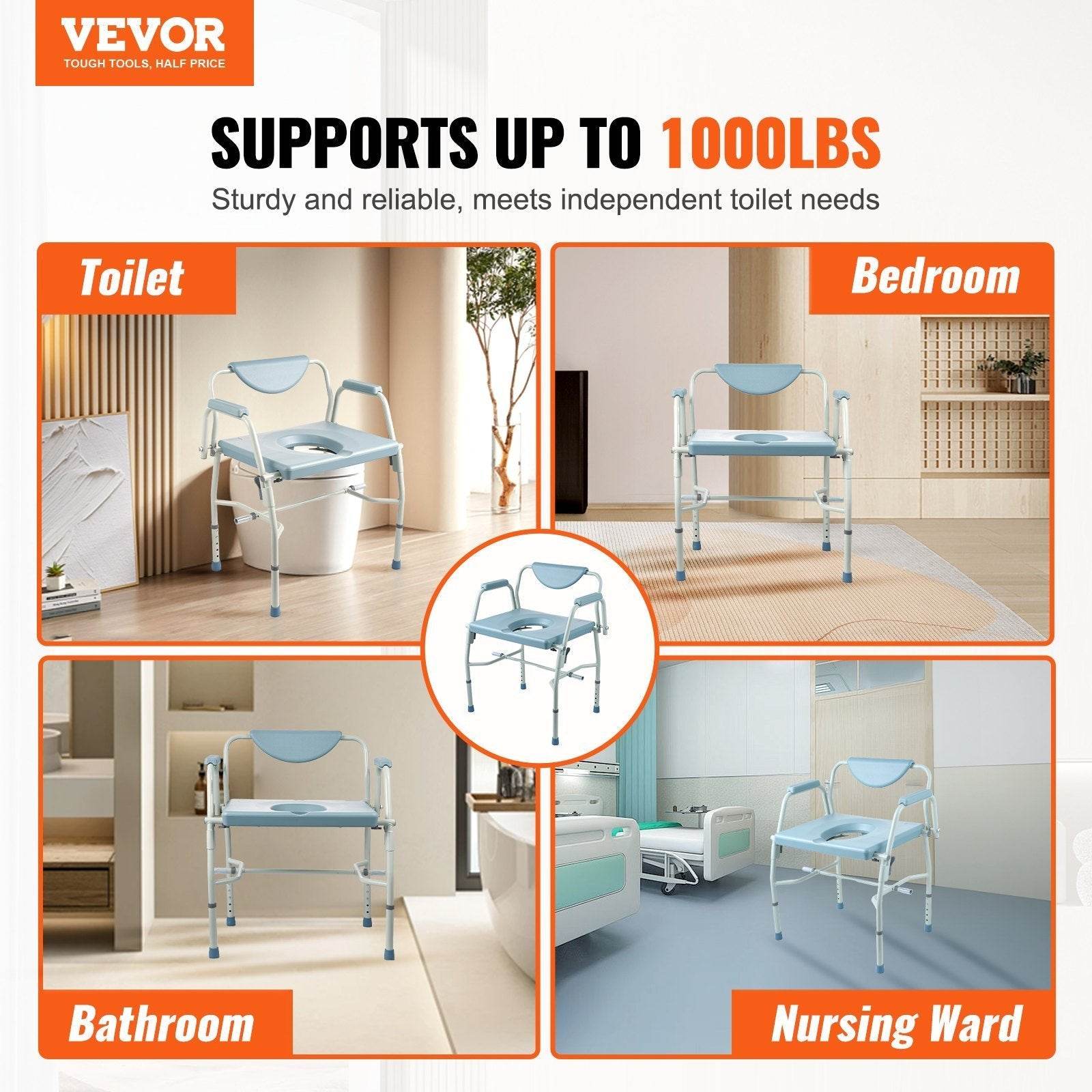 Commode Chair, Bedside Commode With Drop-Down Arms And Detachable Backrest, 5-Level Adjustable Height, 7L Removable Bucket, Easy To Assemble, 1000LBS Capacity, Portable Toilet For Adults Seniors - Velora