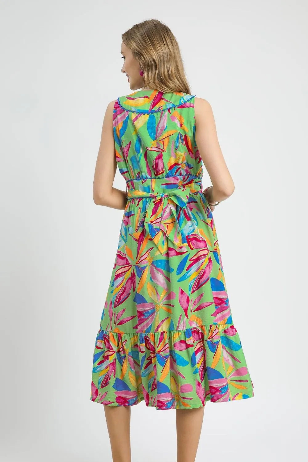 Umgee Ruffled Hem Printed Sleeveless Midi Dress - Velora