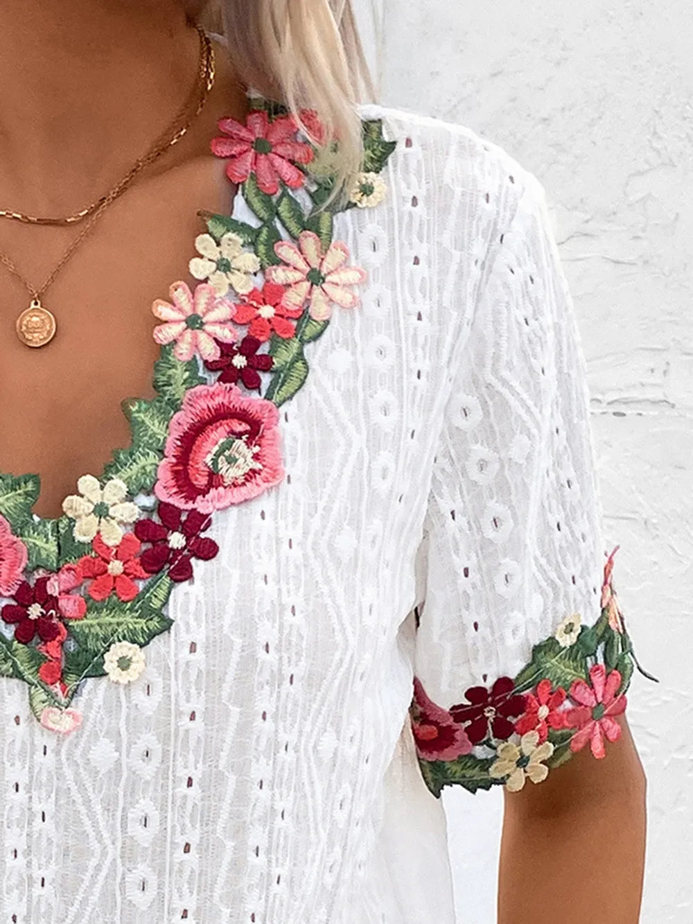 Ivy Lane Eyelet Embroidered V-Neck Short Sleeve Blouse - Velora
