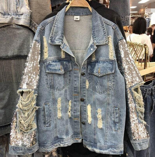 Street Fashion Heavy Industry lose Ripped Sequined Sleeve Denim Jacket Women - Velora