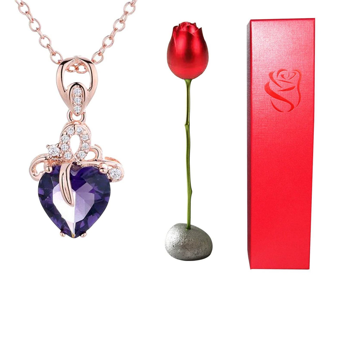 Valentines Day Gift Heart Shaped Blue Purple Crystal Diamond Pendant Rose Head Necklace - Velora