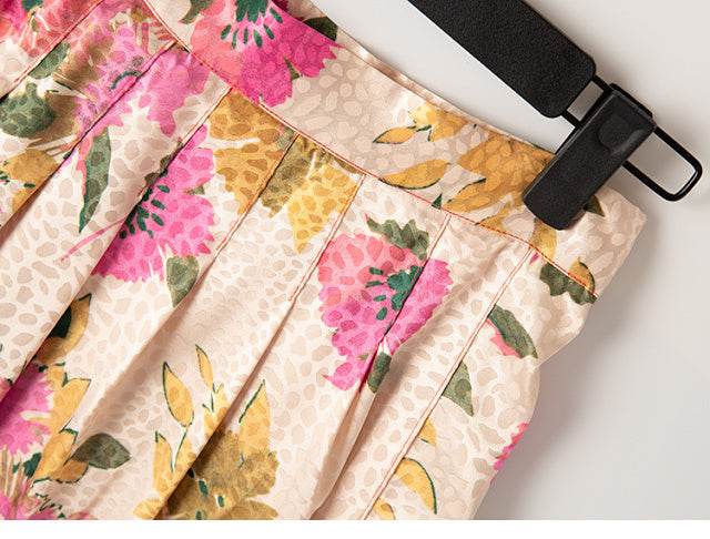 New Spring Summer Retro Pattern Midi Floral Pleated Skirt - Velora