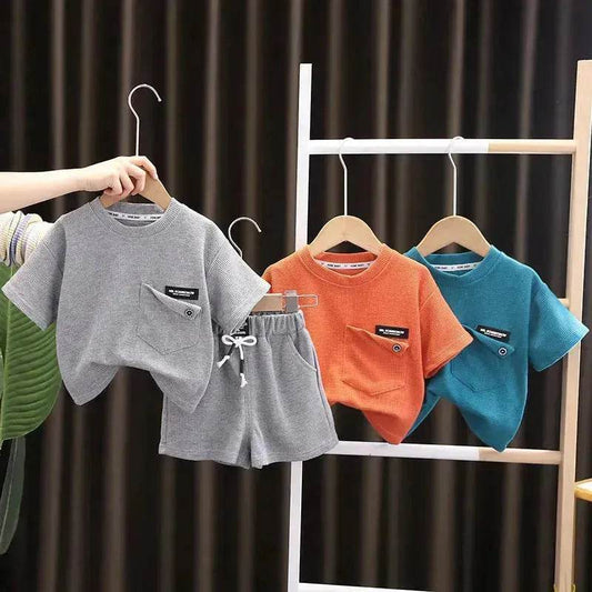 Children's Summer Clothing Casual Plain color Cotton Short Sleeve shirt and Short pant Two-piece Set - Velora