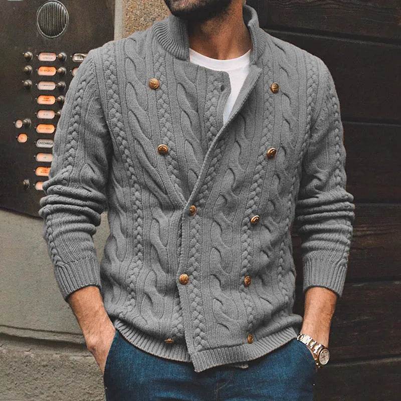 Men's Pure Color Half Collar Double-breasted Knitted Sweater Coat - Velora