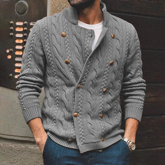 Men's Pure Color Half Collar Double-breasted Knitted Sweater Coat - Velora