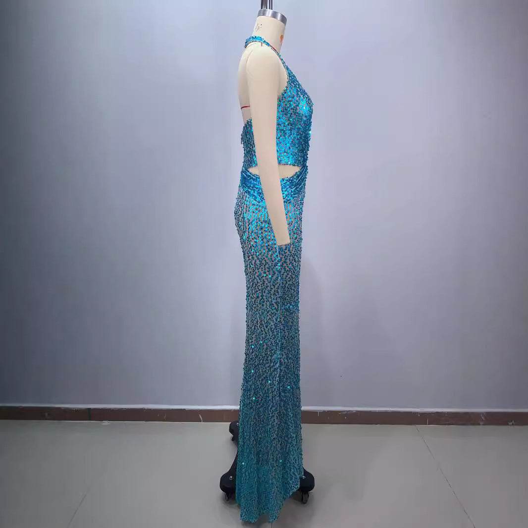 New Halter Deep V-neck Slim fit Sequined Evening Party Dress - Velora