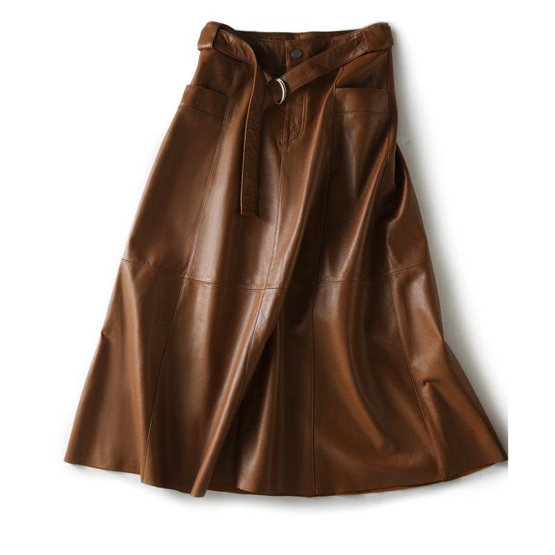Fashion Retro All-match A- Line High Waist Formal Office Work Midi Faux Leather Skirt - Velora