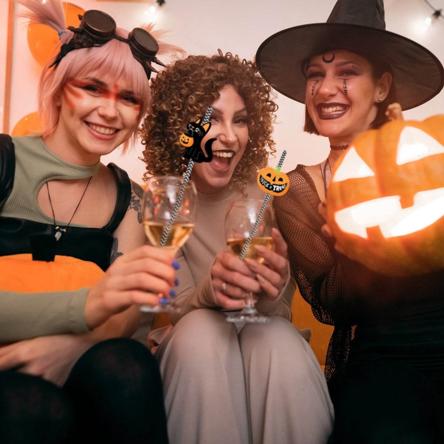 Set Of 25Pcs Halloween Party Striped Decorative Straws Disposable Drinking Straws Paper Straw Decor Happy Halloween Ghost Lantern Black Cat Halloween Party Supplies - Velora