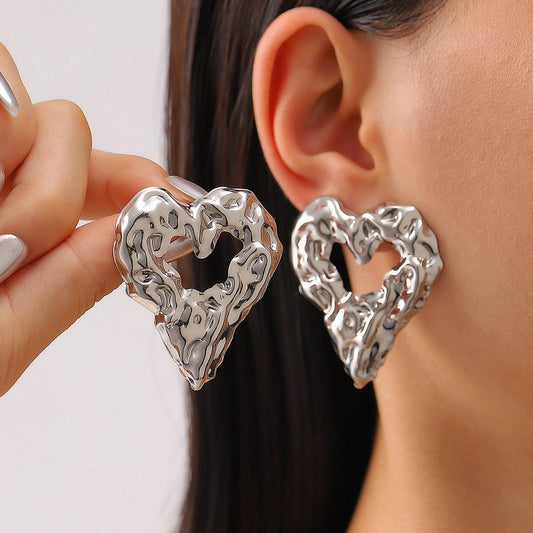 New Pleated Lava Hollow Heart-shaped Earrings Personality Exaggerated Love Earrings For Women Valentine's Day Jewelry - Velora