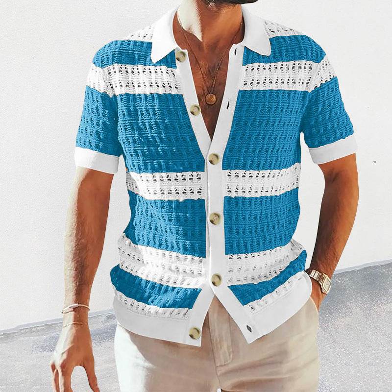 Summer Luxury Fashion New Knitted Shirt Men's Polo Neck Short Sleeve Colored Hollow Breathable Cardigan Men's Top Coat - Velora
