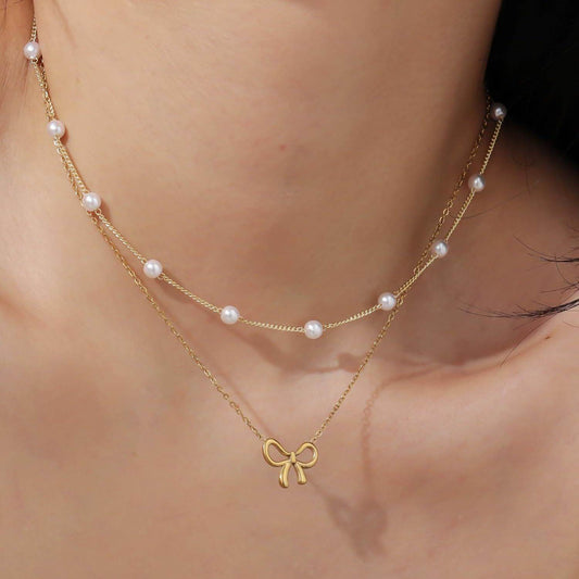 Simple Pearl Double Layer Choker Fashion Gold Color Necklaces Chain Small Bow Pendant Necklace Jewelry Gifts For Women Fashion Jewelry Valentine's Day Gifts - Velora