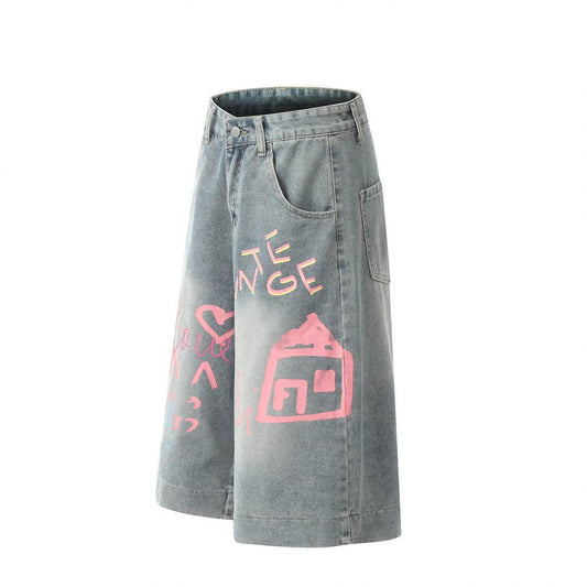 Hand Painted Graffiti Printing Denim Shorts Men Jeans - Velora