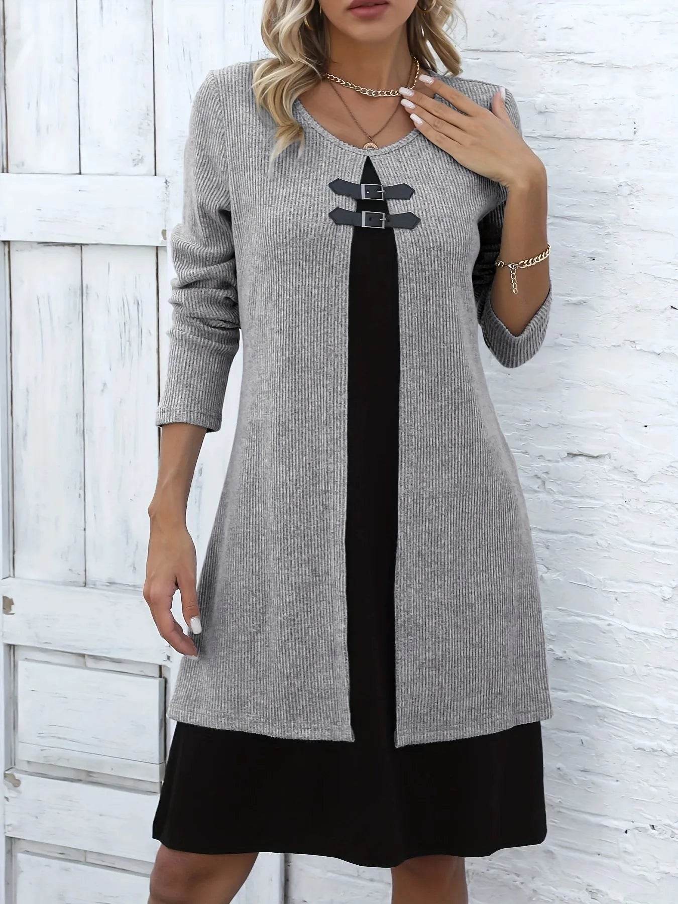 Contrast Color Buckled Round Neck Fashion Winter Sweater Dress - Velora