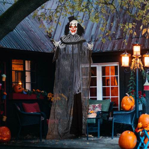 HOMCOM 6 Life Size Outdoor Halloween Decoration, Classic Black And White Striped Clown Animatronic, Sound And Motion Activated Animated Prop With Light Up Eyes Sounds - Velora