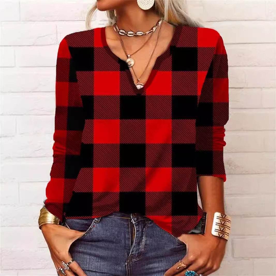 Plaid & Printed Top V-neck Loose Long Sleeve Shirt For Women - Velora