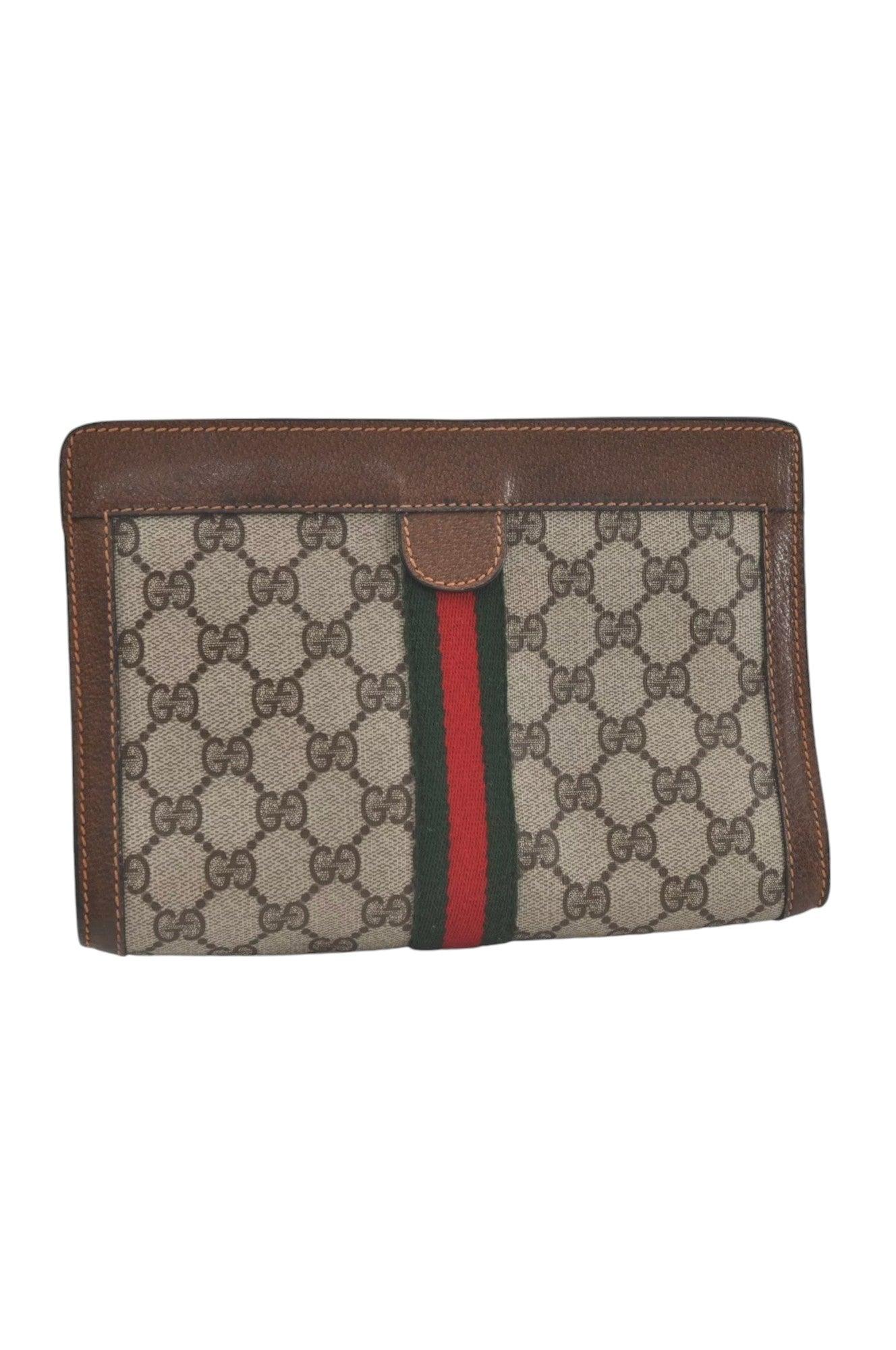 GUCCI Web Sherry Line Clutch Hand Bag Purse GG PVC Leather Brown 8044K - Velora