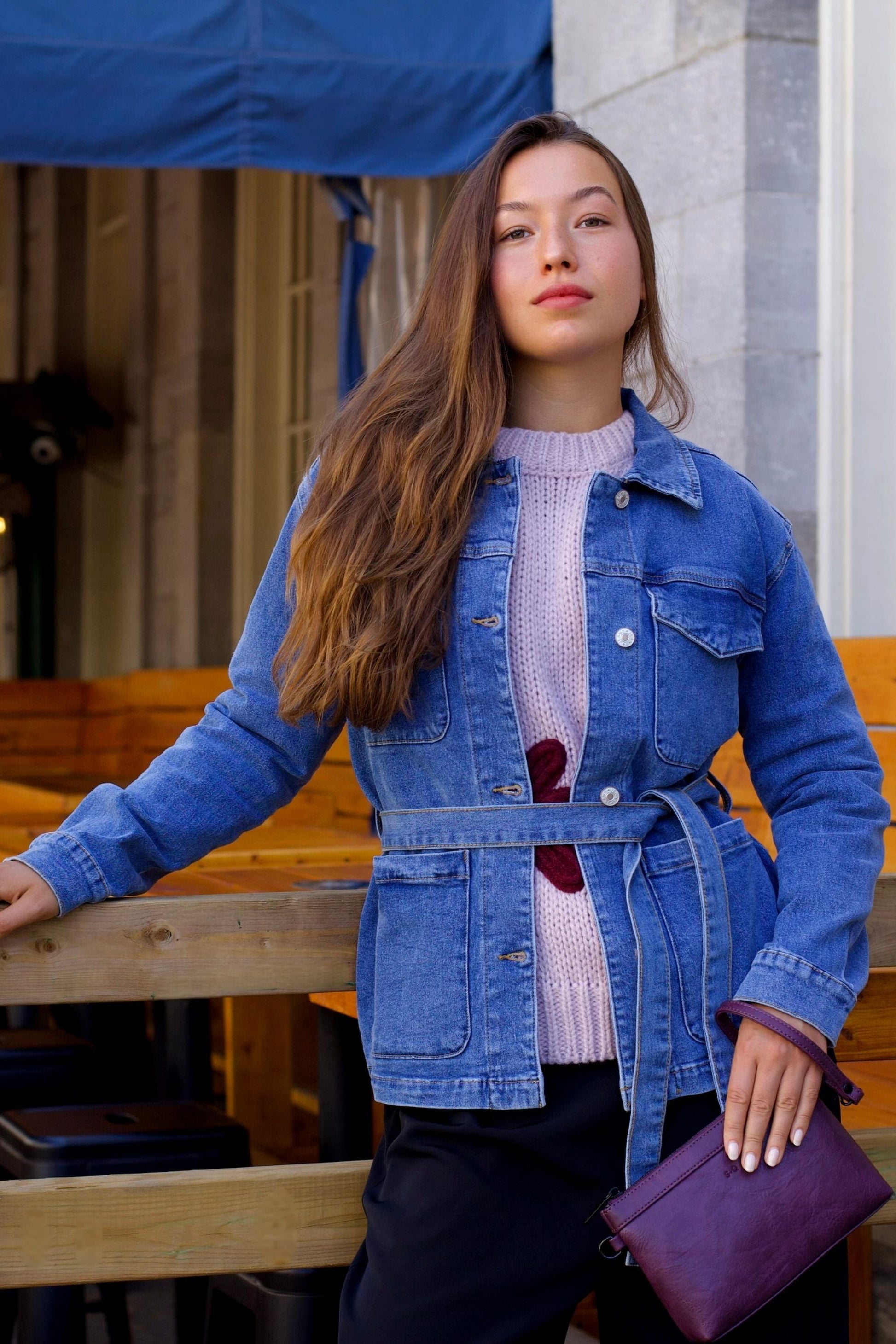 Sabrina Women's Belted Jean Jacquard Jacket With Pockets - Velora Luxury Fashion