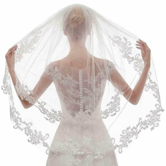 Veil White Ivory Embroidery Applique Double Rounds Comb - Velora