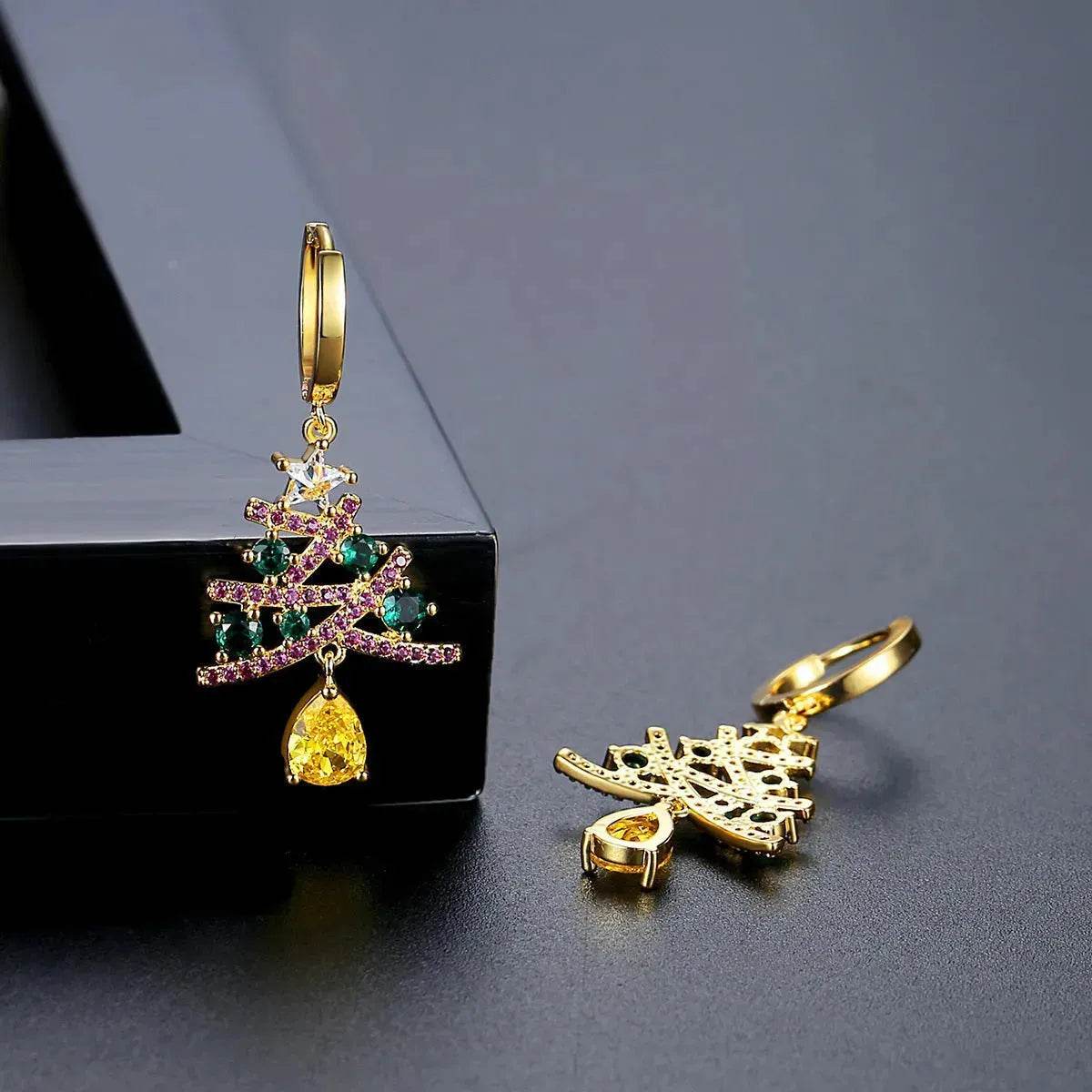 New Christmas Tree Earrings With Colorful Rhinestones Fashion Personality Shining Earrings Gift For Women Jewelry - Velora