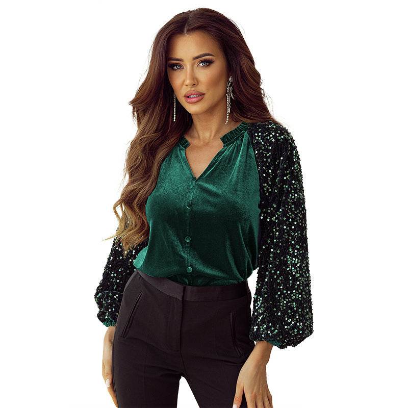 Elegant Fashion Sequined Long sleeve Suede V-neck Blouse top women - Velora