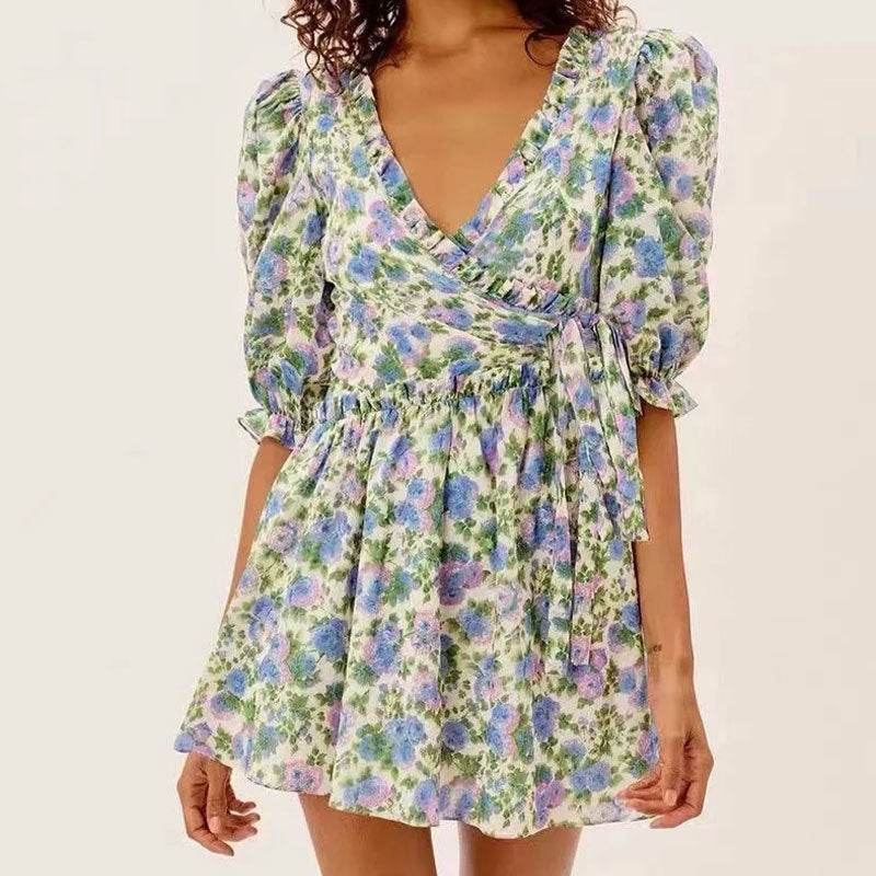 Women Summer Green Floral Chiffon Dresses Holiday Puff Short Sleeve V-Neck Back Lace Up Design Wrap One Piece Dress - Velora