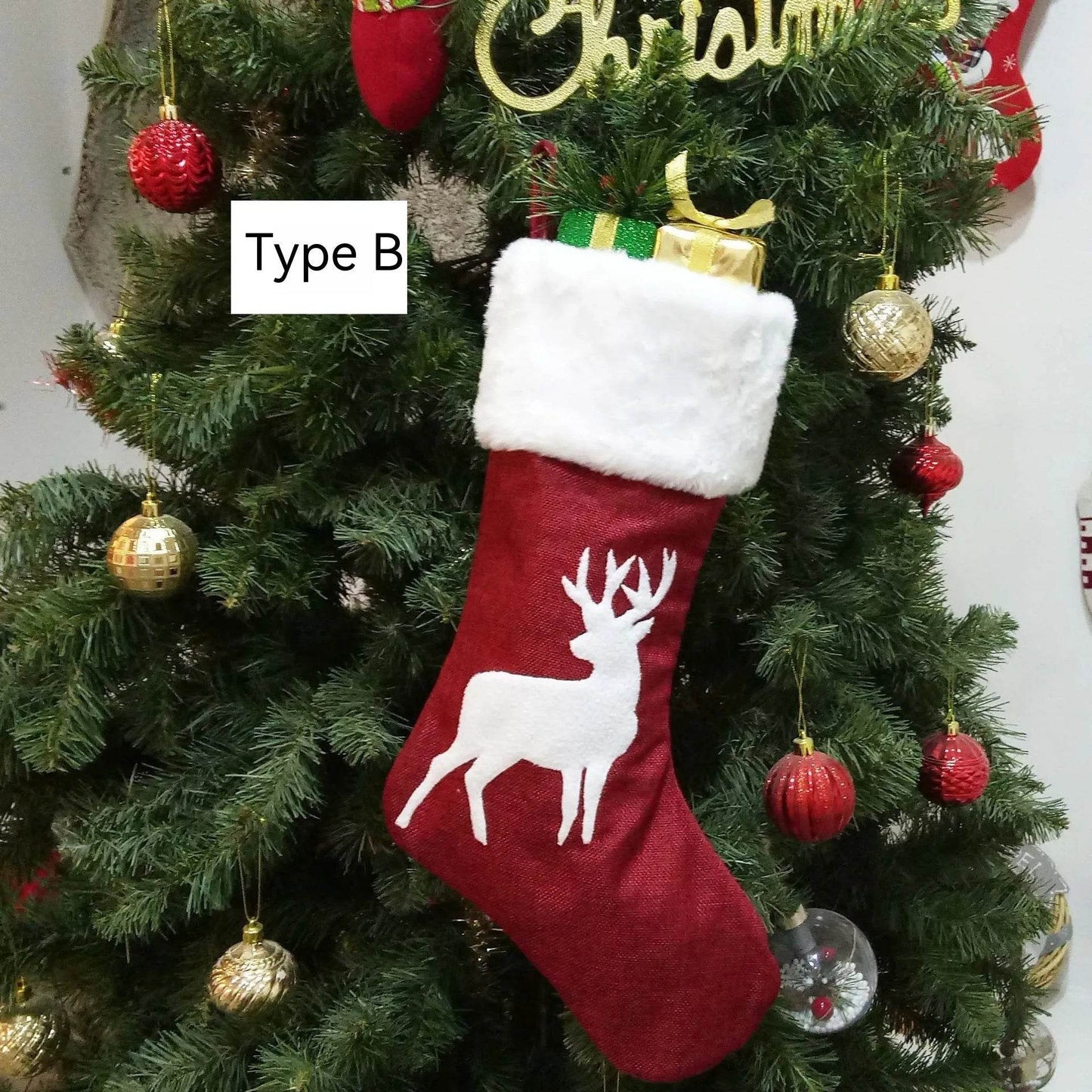 Christmas Stockings Gift Bag Red Hemp Elk Embroidery Christmas Stockings Gift Pendant - Velora