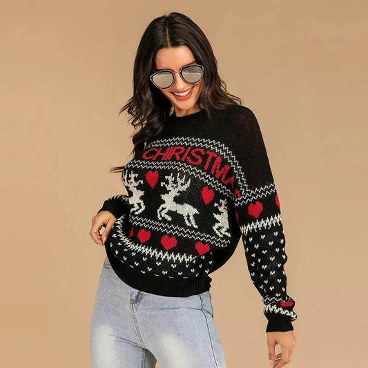 Christmas fawn Antics Reindeer Black pullover sweater - Velora