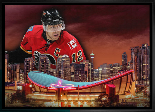 Jarome Iginla 20x29 Framed Canvas Flames Skyline-H Frameworth Sports Marketing