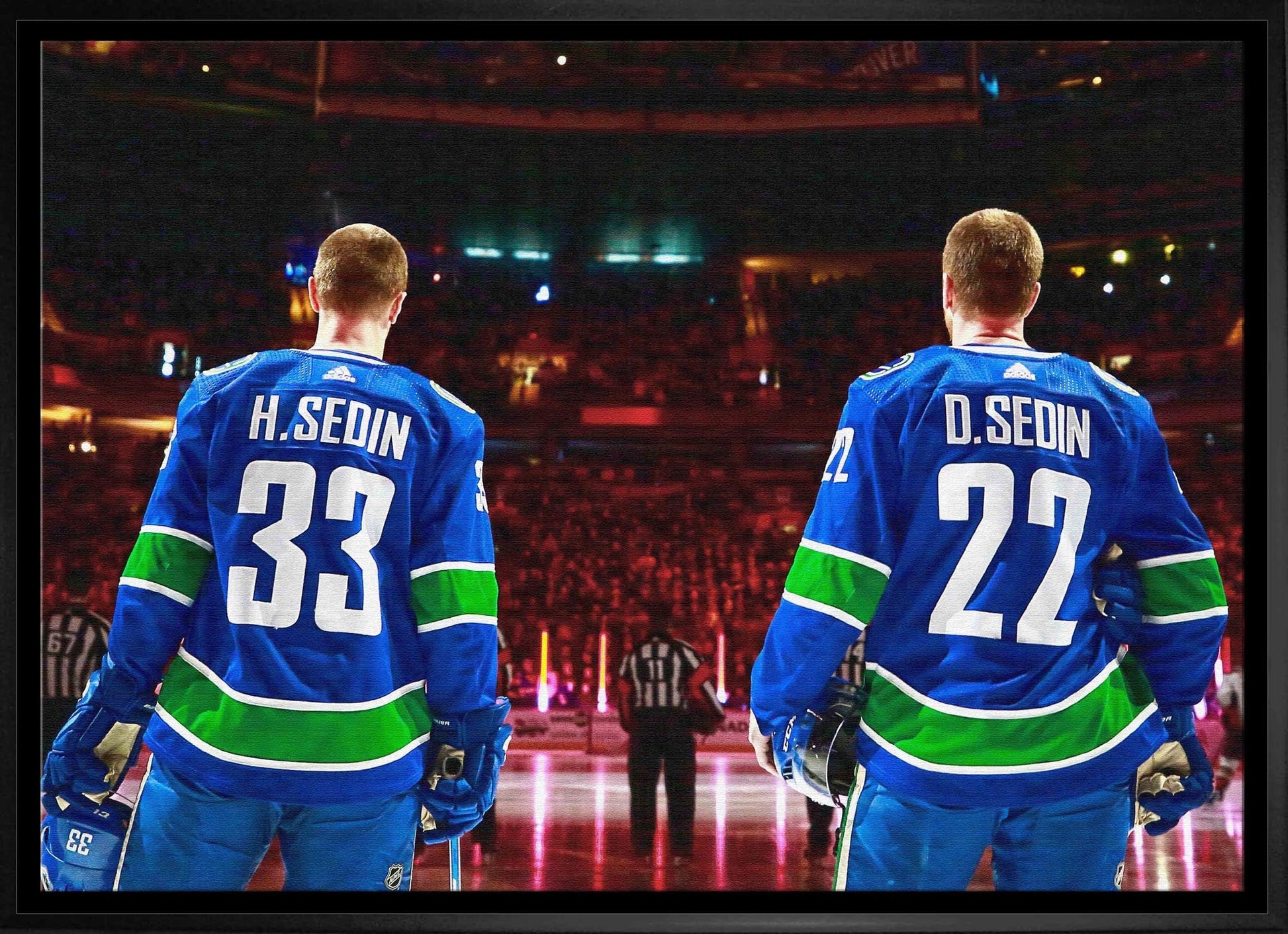 Henrik Sedin and Daniel Sedin 20x29 Framed Canvas Canucks Anthem-H Frameworth Sports Marketing