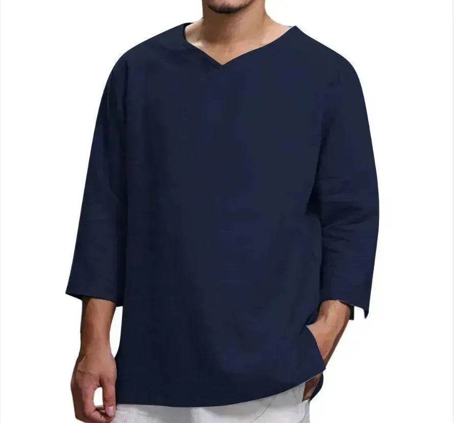 Loose Casual V-neck Top Cotton And Linen Long Sleeve Pullover Shirt Men's Shirt Top - Velora