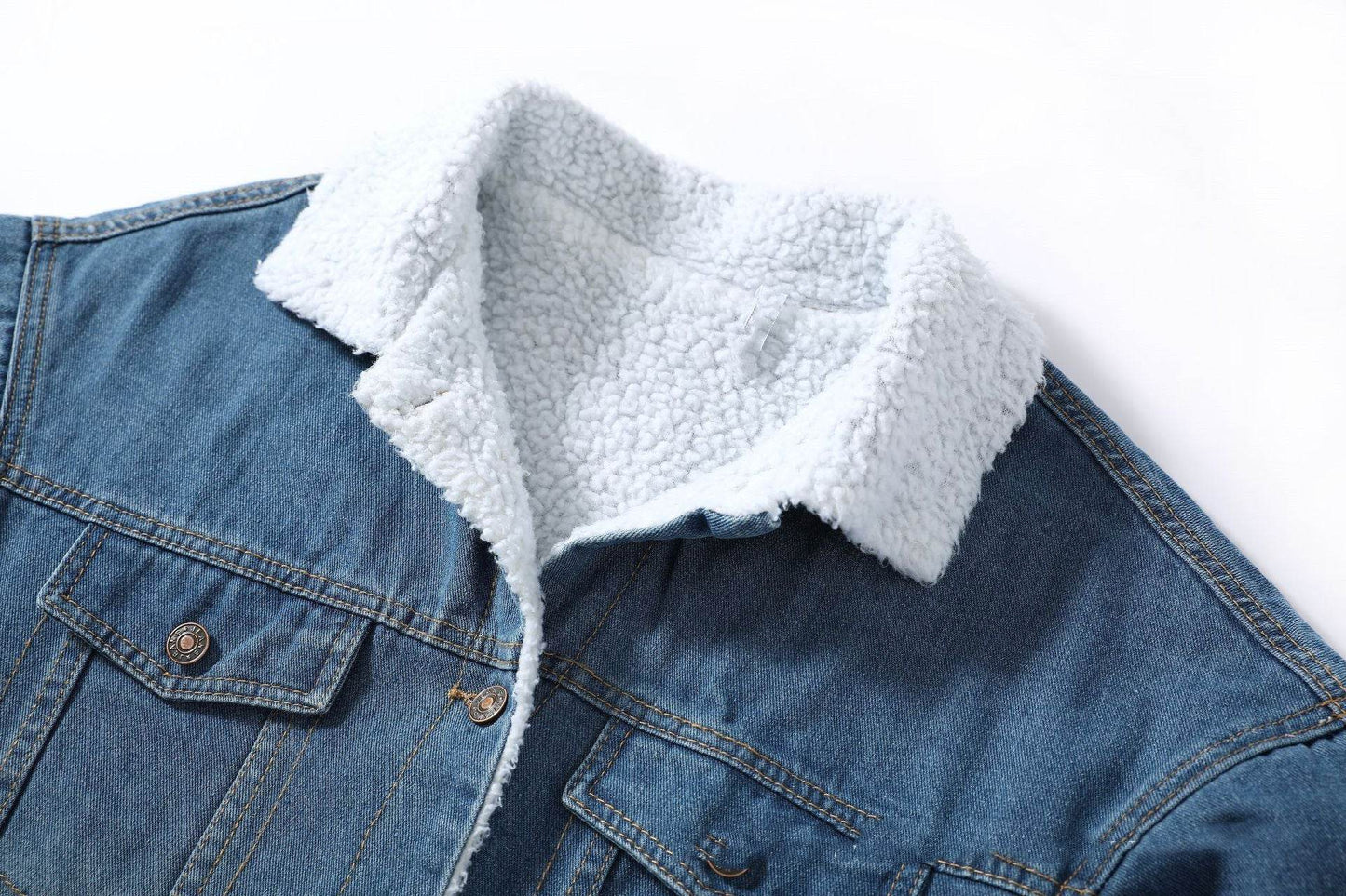 Blue Fleece Lined Denim Jacket 3/4 Sleeve Unisex Jeans Jacket - Velora