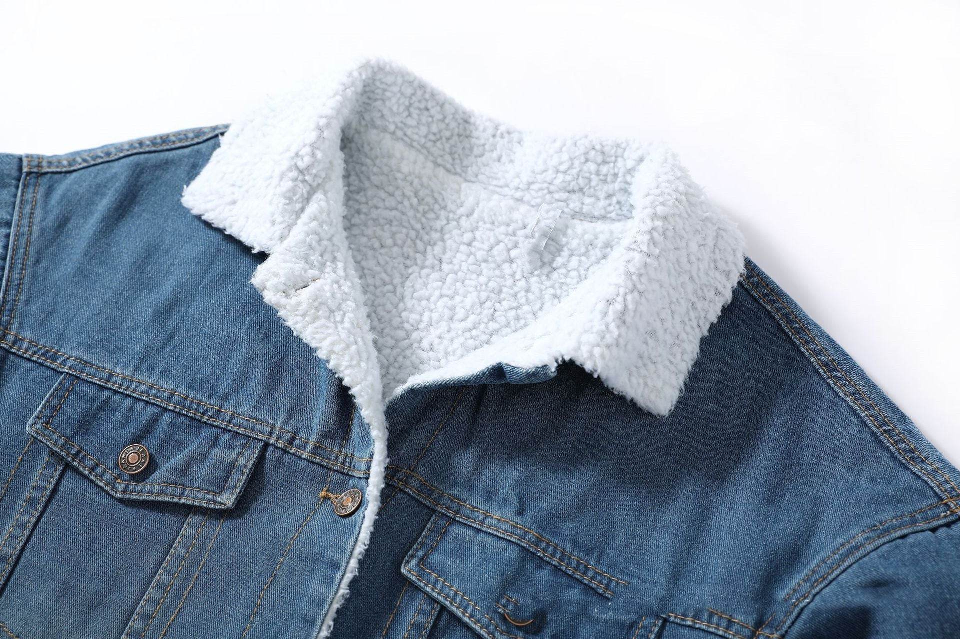 Blue Fleece Lined Denim Jacket 3/4 Sleeve Unisex Jeans Jacket - Velora